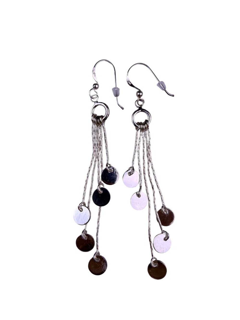 Sterling Silver 925 Womens Dangling Earrings Multichain Tassels Circle Charms